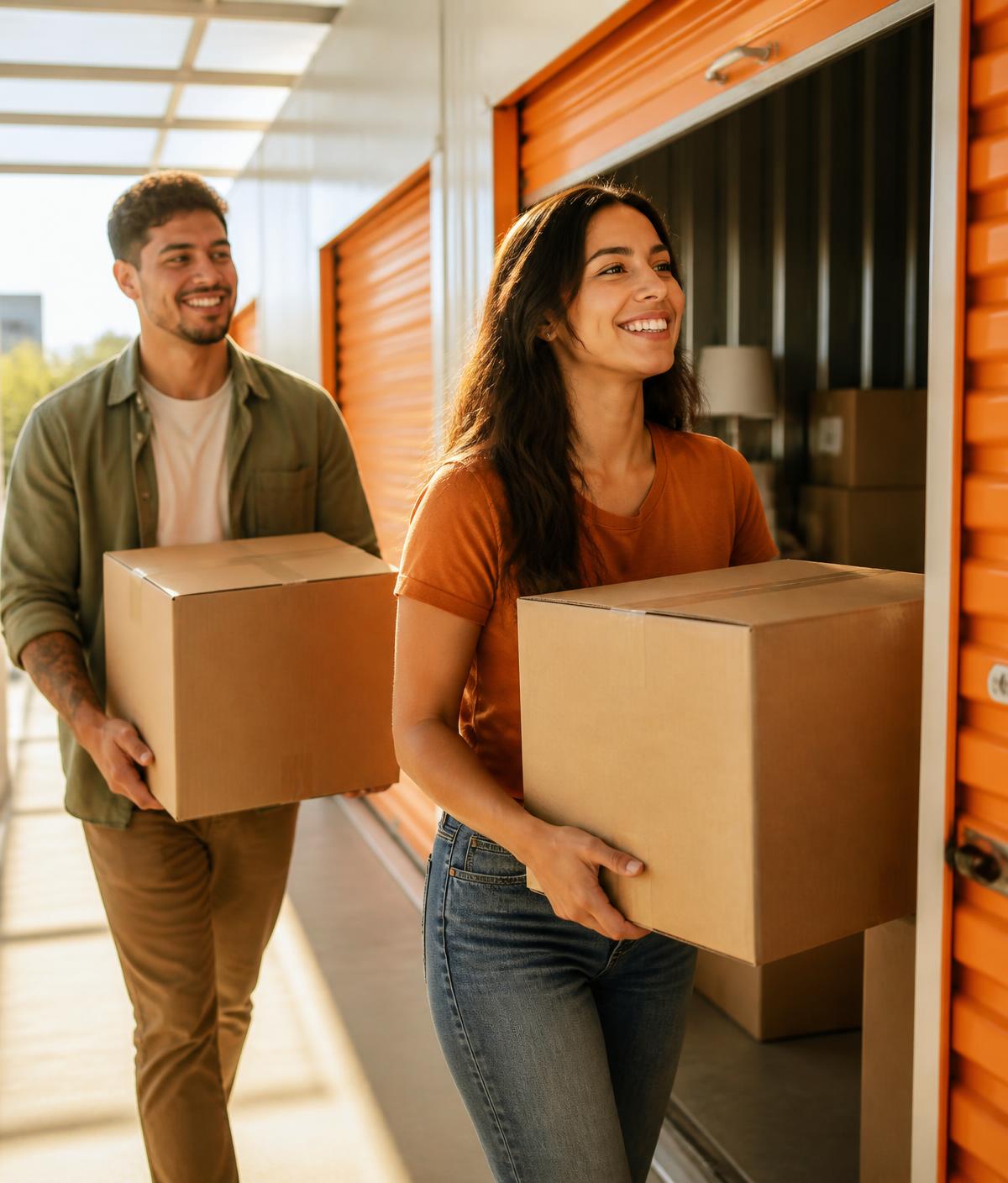Casal levando caixas para um box da Deixe Aki
